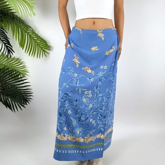 Vintage Blue Floral Cottagecore Prairie Low Rise Boho Maxi Wrap Skirt / 18W - Picture 3 of 5